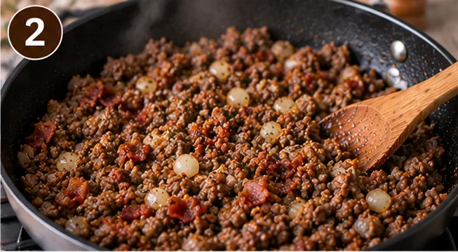 Ground beef, onion, and bacon cooking together in a skillet
