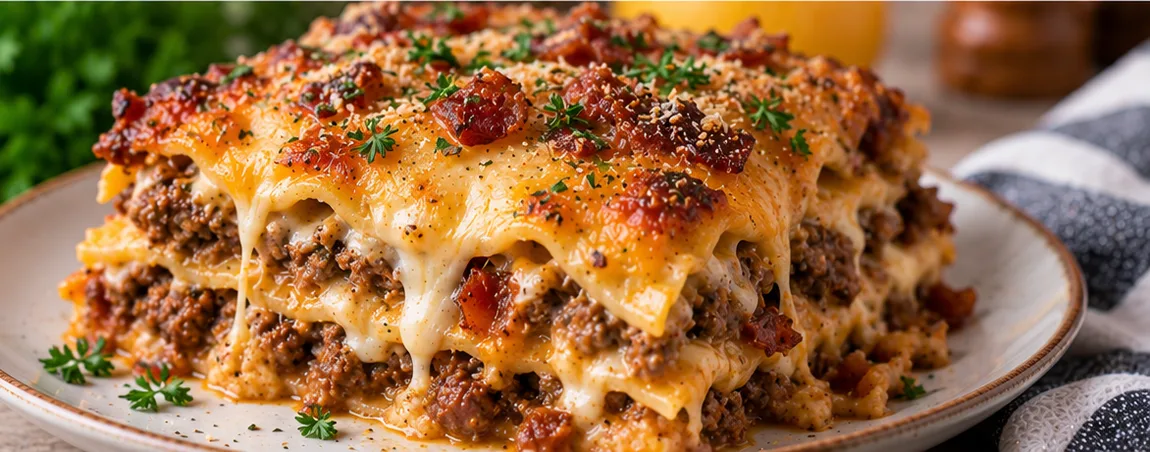 Sliced cheeseburger lasagna with melted cheese and bacon on a plate