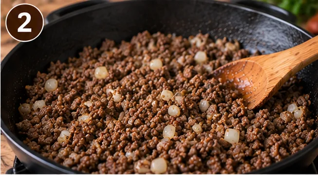Ground beef and onion browning in a skillet