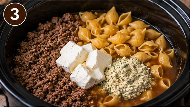 Ground beef and uncooked pasta shells in the slow cooker before cooking