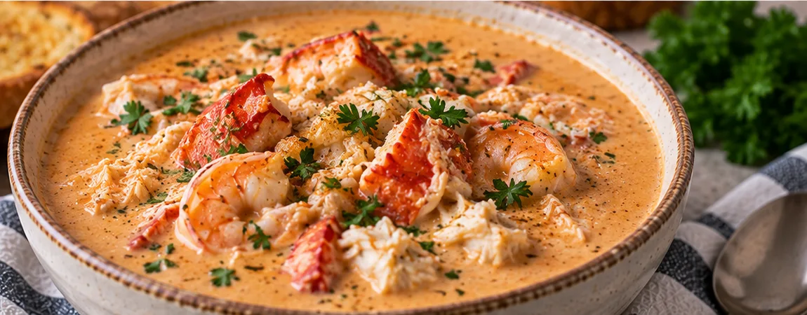 Bowl of seafood bisque with shrimp, crab, and lobster, served with toasted bread