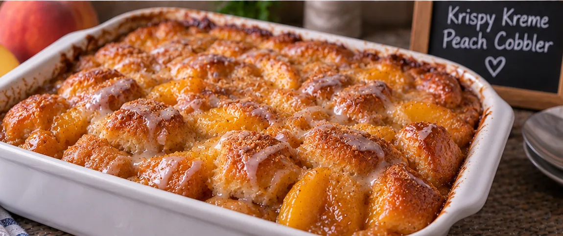Baked Krispy Kreme peach cobbler in a dish, golden and bubbly