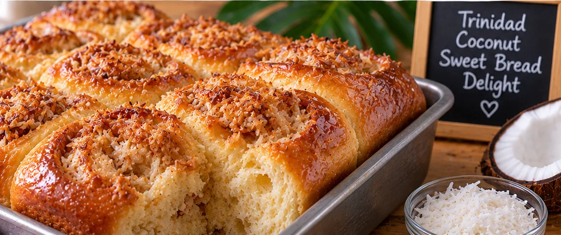 Baked coconut swirl rolls in a pan, golden and glossy on top