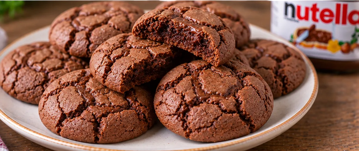 3-Ingredient Nutella cookies stacked on a plate with one broken in half showing a fudgy center
