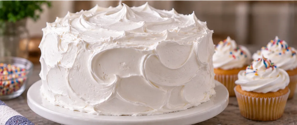 Cake frosted with fluffy, glossy 7-minute frosting alongside frosted cupcakes