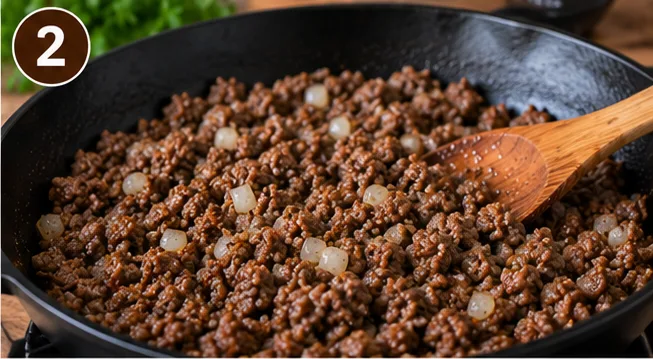 Ground beef and diced onion browning in a skillet