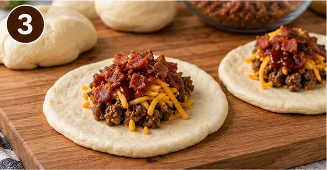 Beef, cheddar, and bacon filling spooned onto flattened rounds of biscuit dough