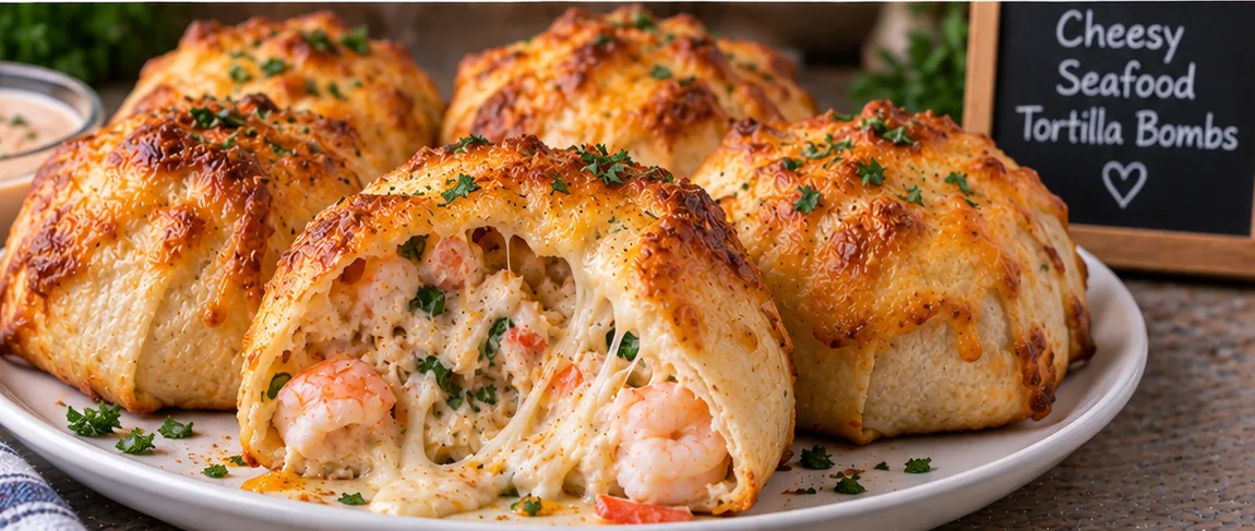 Cheesy seafood tortilla bombs on a plate, one cut open to show the melted, cheesy shrimp and crab filling