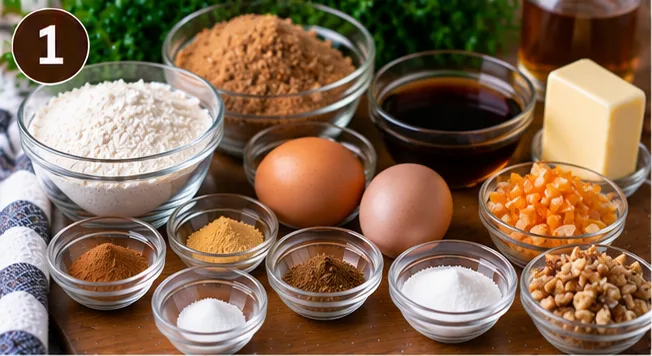 Flour, walnuts, candied fruit, honey, molasses, and spices for Lebkuchen bars