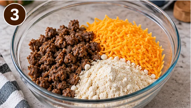 Cooked sausage, shredded cheddar cheese, and baking mix in a glass mixing bowl