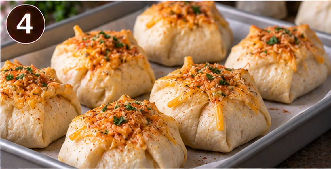 Baked tortilla bombs on a sheet pan with golden, cheesy tops