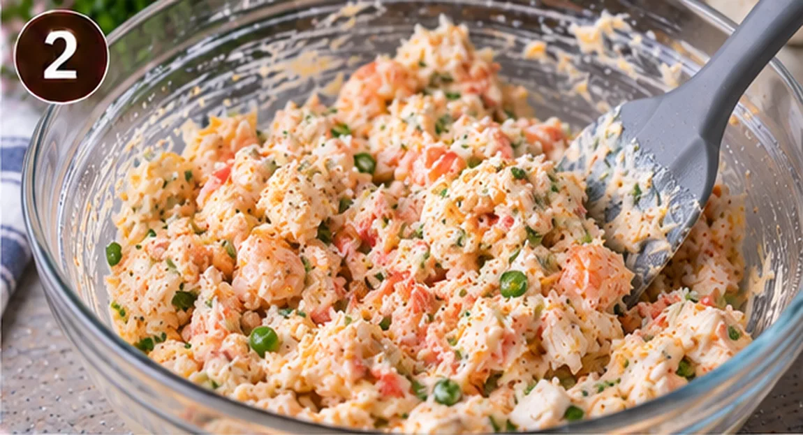 Seafood filling mixed together with cream cheese, peas, and shredded cheese in a glass bowl