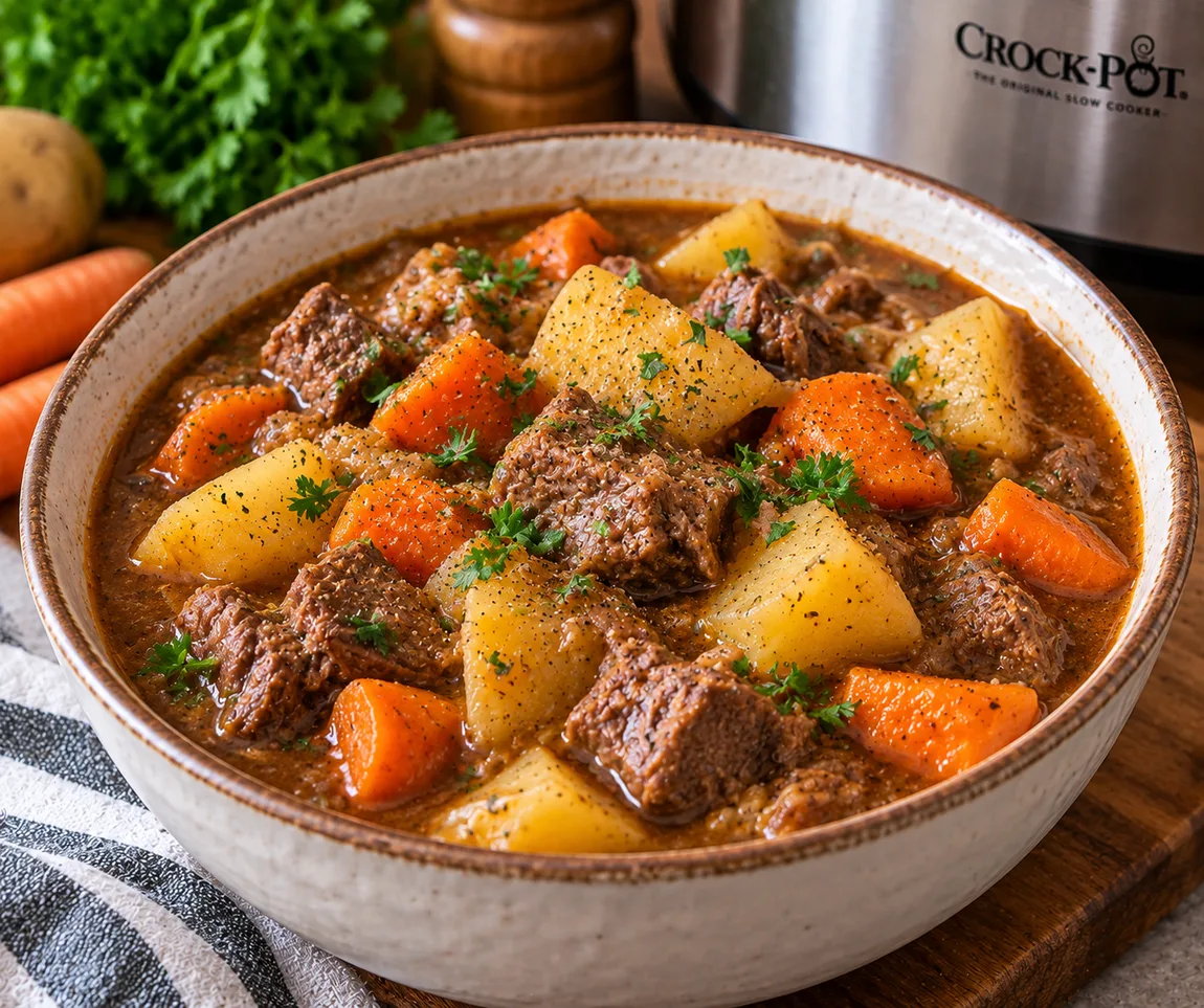 Slow cooker mulligan stew with beef, potatoes, and carrots in a creamy broth