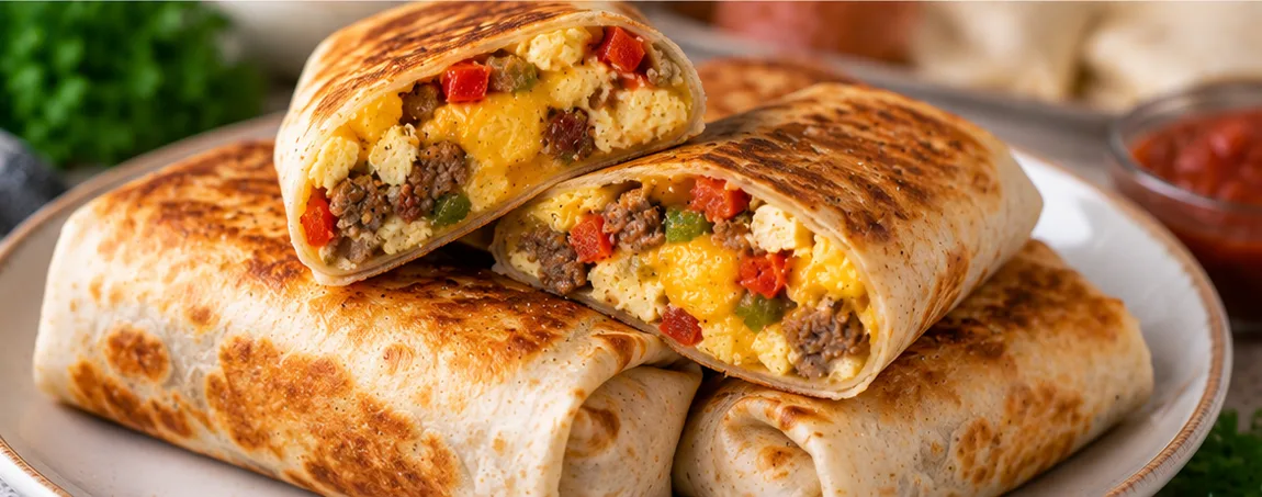 Breakfast burritos stacked on a plate, sliced open to show eggs, sausage, and peppers
