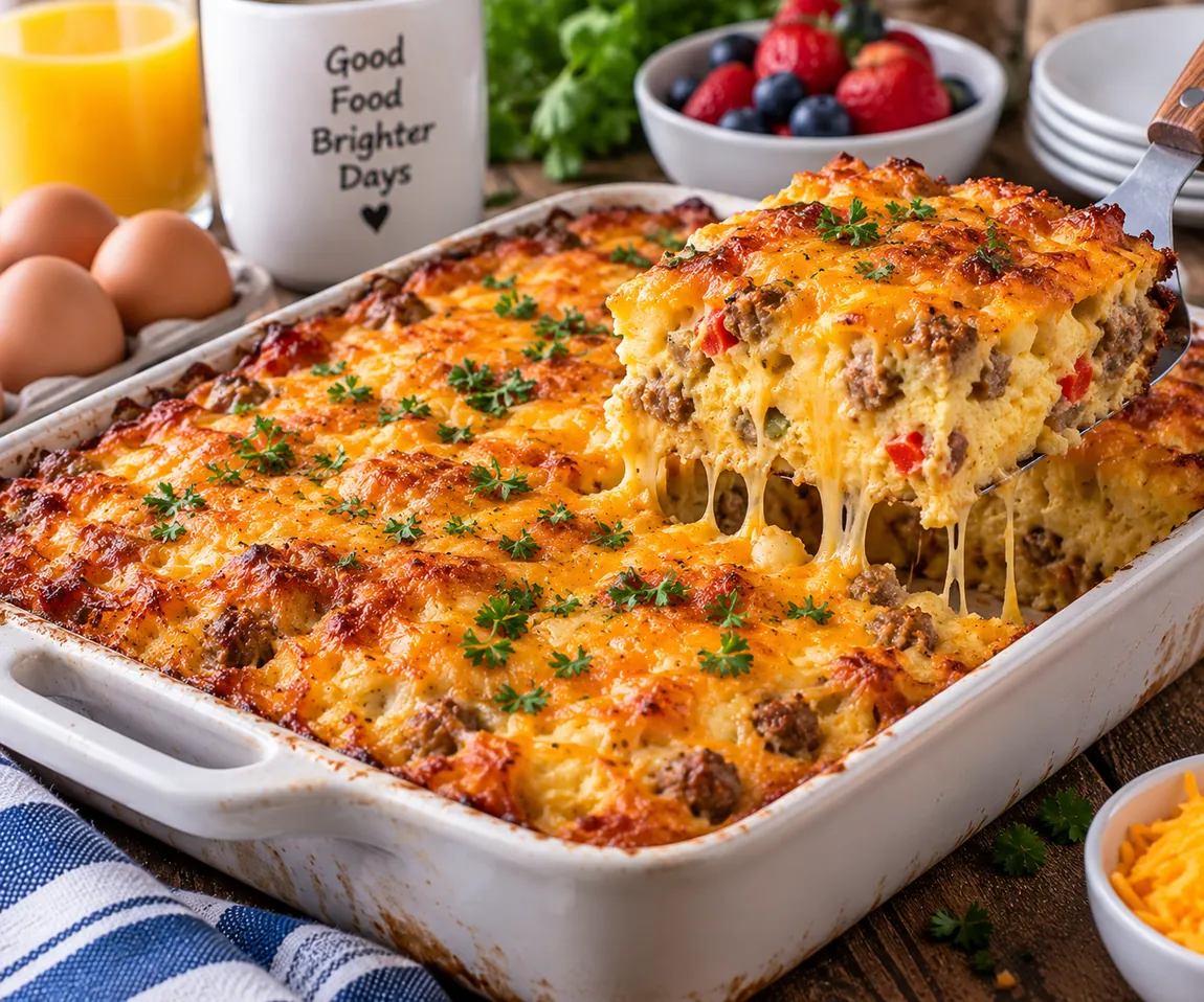A serving of sausage and egg breakfast casserole with melted cheese being lifted from the baking dish
