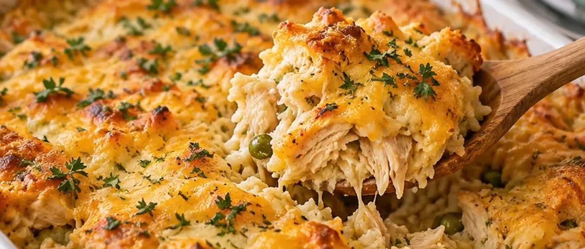 Easy chicken and rice casserole baked until golden and creamy